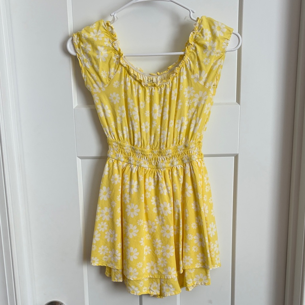 Yellow Floral Ruffle Romper Dress with attached Shorts